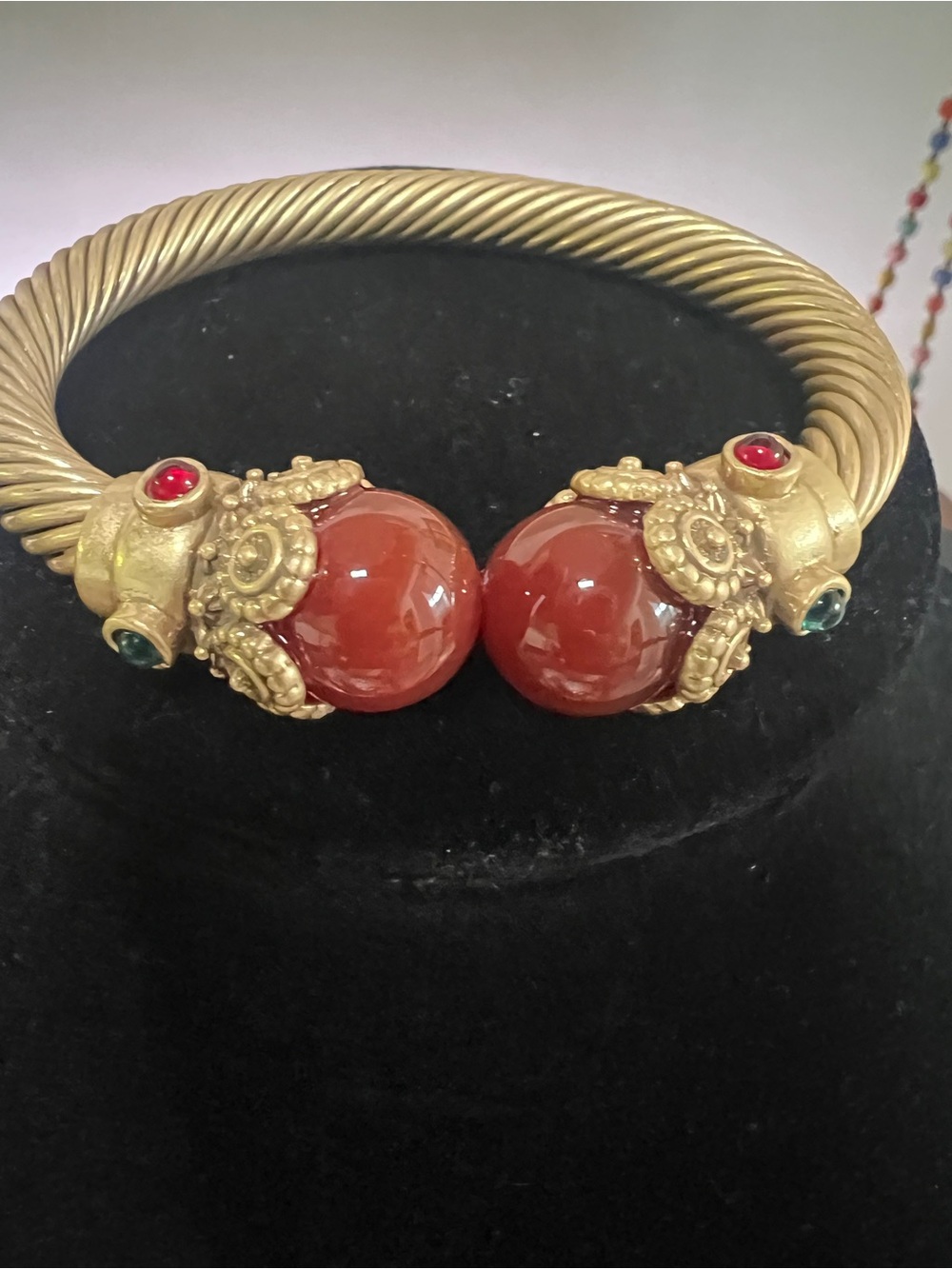 Gold-Tone Twisted Open Cuff with Red Agate Orbs